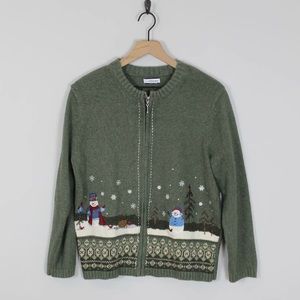 Vintage Knit Snowmen Landscape Cardigan Sweater
